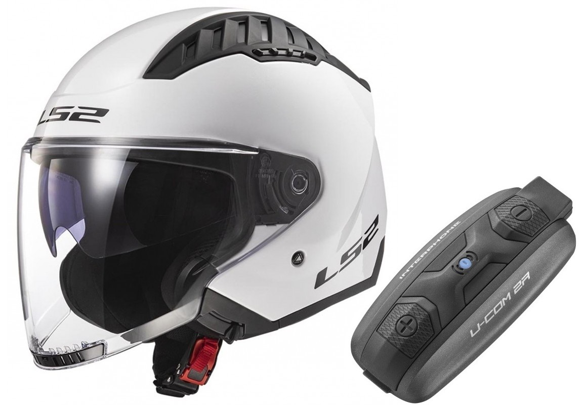 Casco LS2 OF600 Copter II Blanco brillo + Intercomunicador U-Com 2R