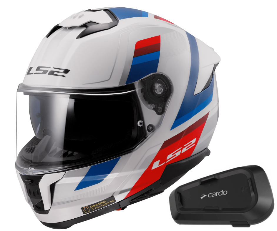 Casco LS2 FF808 Stream II Vintage Blanco/Azul/Rojo con Intercomunicador Cardo Spirit
