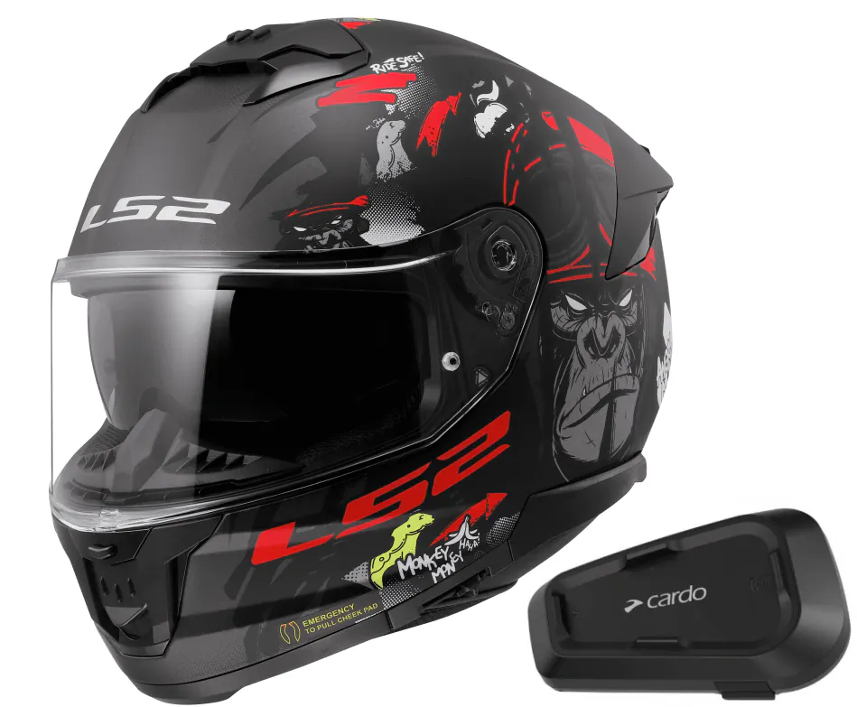 Casco LS2 FF808 Stream II Angry Monkey Rojo con Intercomunicador Cardo Spirit