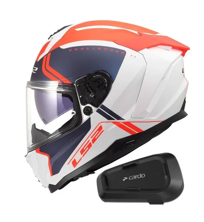 Casco LS2 FF817 Challenger II Titan Blanco/Azul/Rojo con Intercomunicador Cardo Spirit