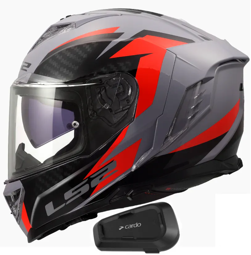 Casco LS2 FF818 Storm III Dynamo Gris/Rojo brillo con Intercomunicador Cardo Spirit