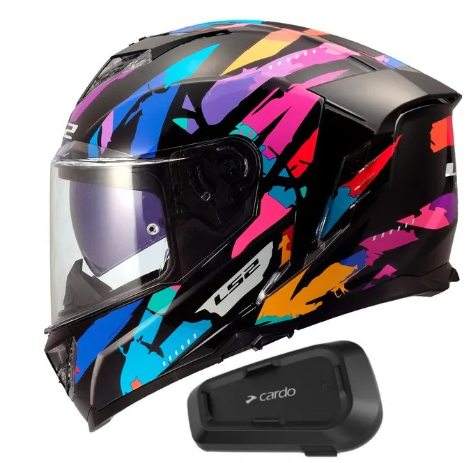 Casco LS2 FF818 Storm III Kaos Negro/Violeta/Azul brillo con Intercomunicador Cardo Spirit