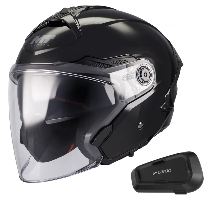Casco Mt Helmets Cosmo SV Pure A1 Negro brillo con Intercomunicador Cardo Spirit
