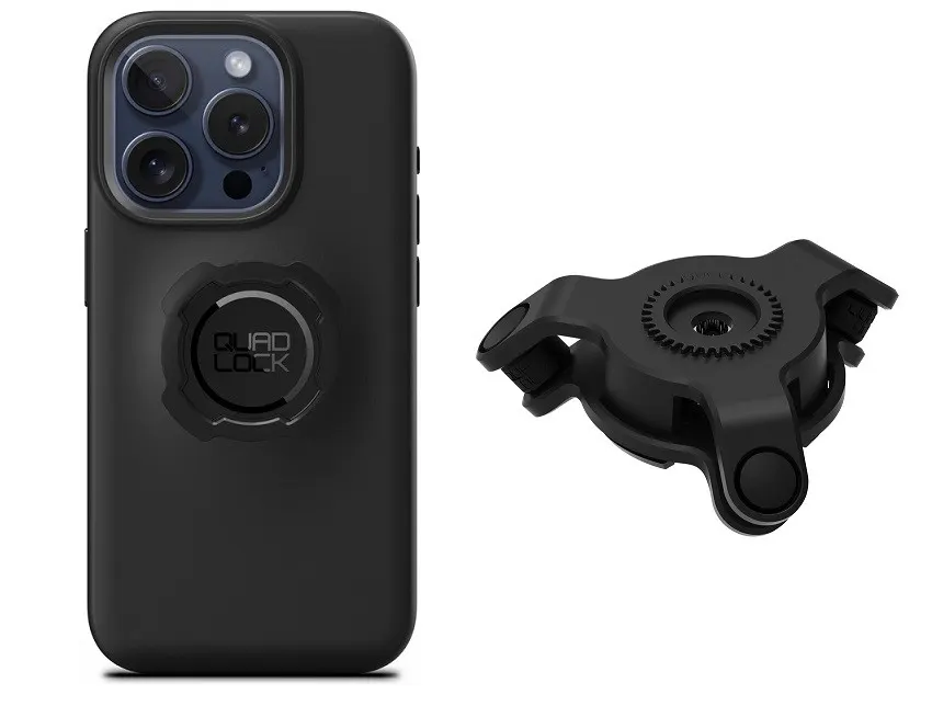 Funda móvil iPhone 15 Pro + Amortiguador de vibraciones QUAD LOCK