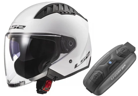 Casco LS2 OF600 Copter II Blanco brillo + Intercomunicador U-Com 2R