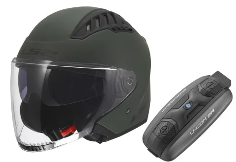 Casco LS2 OF600 Copter II Verde Militar mate  + Intercomunicador U-Com 2R